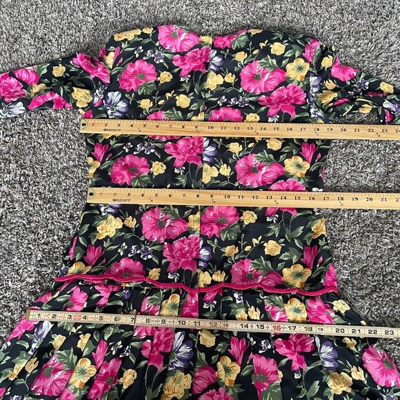 Vintage Midi Dress 6 Black Pink Floral Pleated Drop Waist Romantic Cottage 90s - Picture 13 of 16